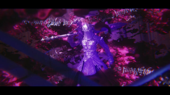 A cinematic FFXIV Group Pose screenshot framed by dark cinematic black bars at the top and bottom. Centered in the shot is a character wearing ornate full-plate armor and a helm with cloth draping down the front. The character holds a large axe over their