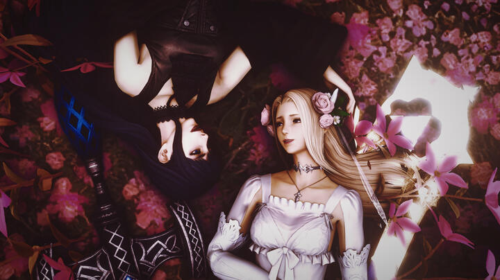 A soft-lit, top-down FFXIV Group Pose featuring Ryne and Gaia lying together among pink blossoms. Gaia, on the left, wears a dark outfit with long black hair fan out above her, gently resting her hand near Ryne's head beside her dark battleaxe. Ryne, on th